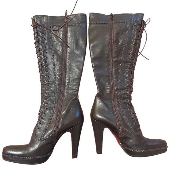 Charles David leather military platform knee high heeled boot, zip & lace up. 37 - Picture 3 of 16